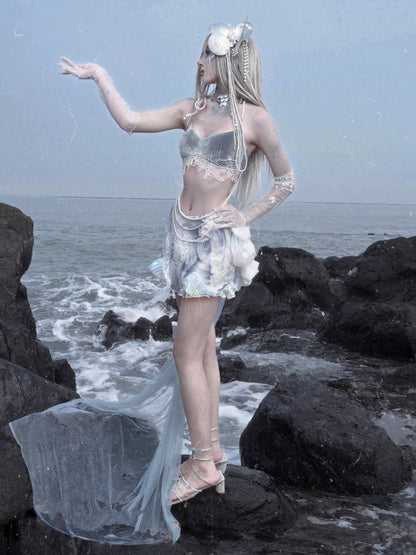 Fairy Goth Bead and Sequin Details Skirt with Detachable Tulle Train