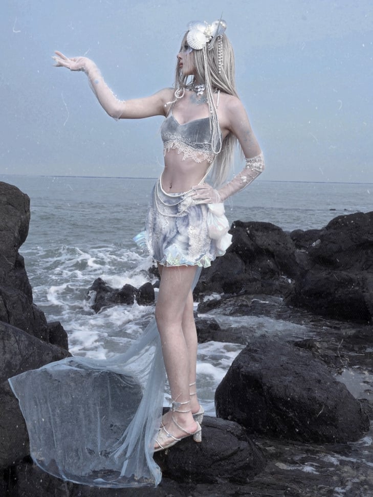 Fairy Goth Bead and Sequin Details Skirt with Detachable Tulle Train