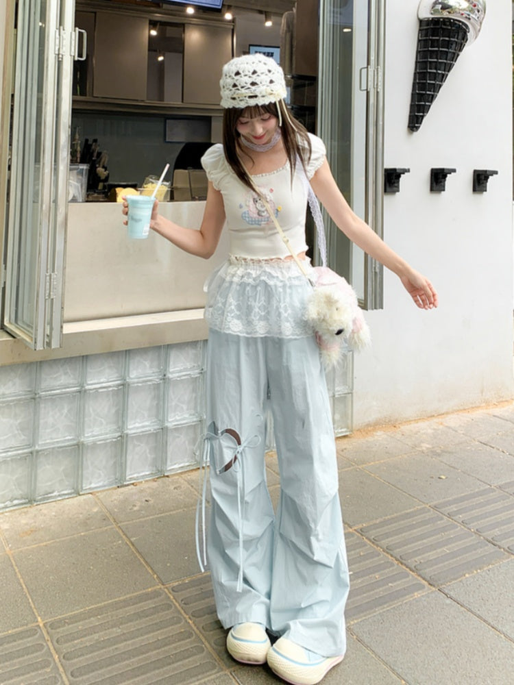 Blue/Pink Drawstring Waist Heart-shaped Cutout Wide-leg Pants
