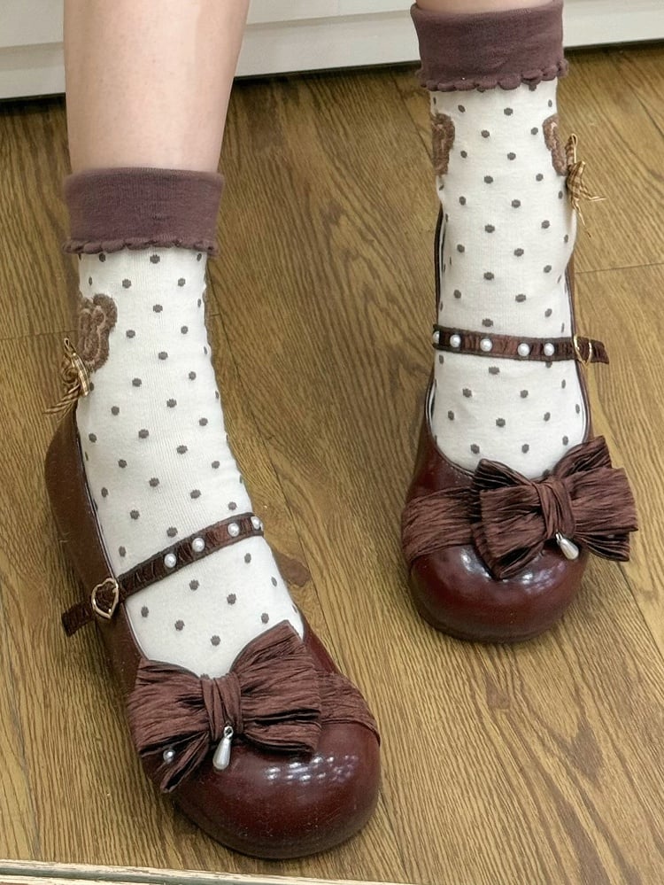 Chocolate Brown Beaded Decorated Bow at Top Heart Buckle Round Toe Lolita Shoes