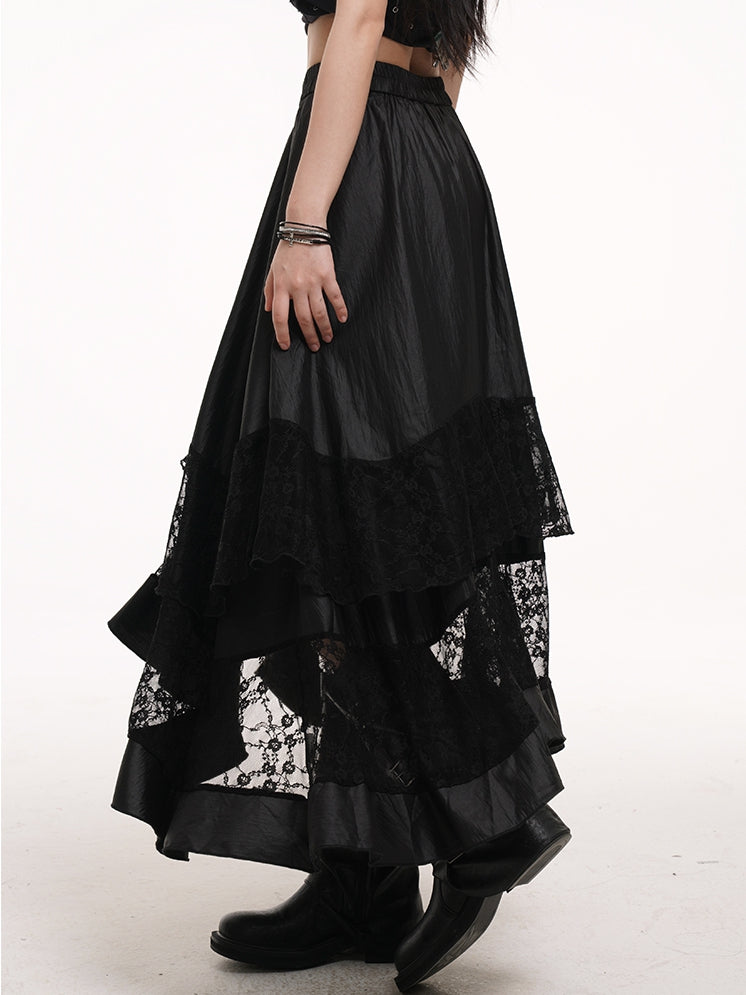 Black Elastic Waist Asymmetrical Hem Lace Patches Skirt