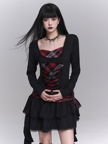 Sweetheart Neckline Distressed Holes Faux Two-pieces Red Plaid Top