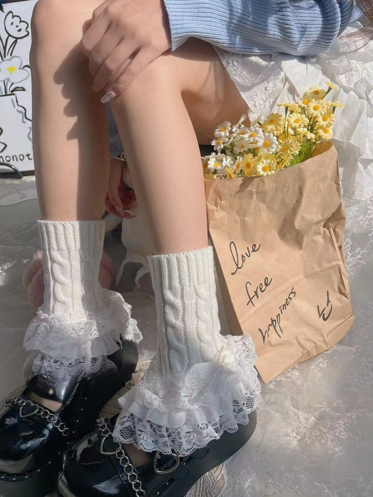 White Bow Three-Layered Lace Trim Lolita Leg Warmers