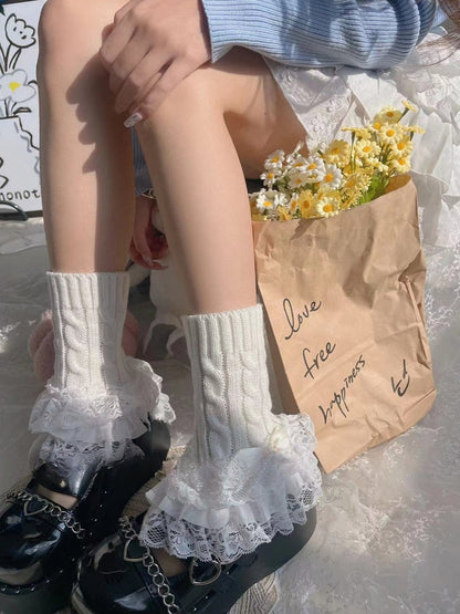 White Bow Three-Layered Lace Trim Lolita Leg Warmers