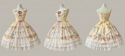 Clearance-Size XL for Bust 96-106CM Farm Ducks and Sunflowers Print Yellow Sweet Lolita Jumper Skirt