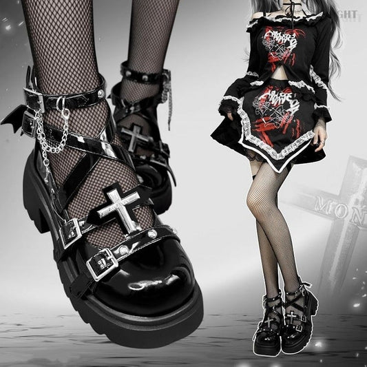 Silver-tone Studs Cross Balck Platform Chunky Heels Punk Shoes
