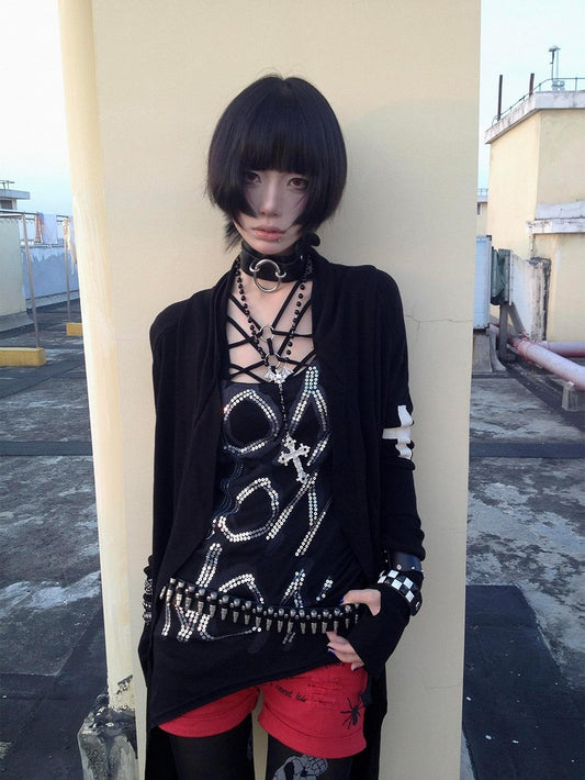 Edgy Gothic Cross Embroidery Black Knit Cardigan
