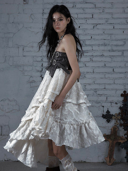 White Wasteland Punk Star Studs PU Waistline Asymmetrical Flounce Hem Skirt
