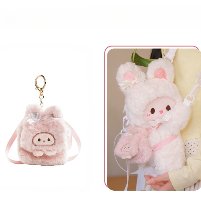 White Rabbit Bowknot Plush Backpack/Crossbody Bag + Plush Backpack Keychain