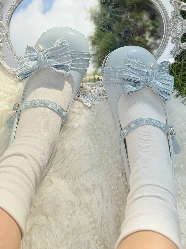 Light Blue Beaded Decorated Bow at Top Heart Buckle Round Toe Lolita Shoes