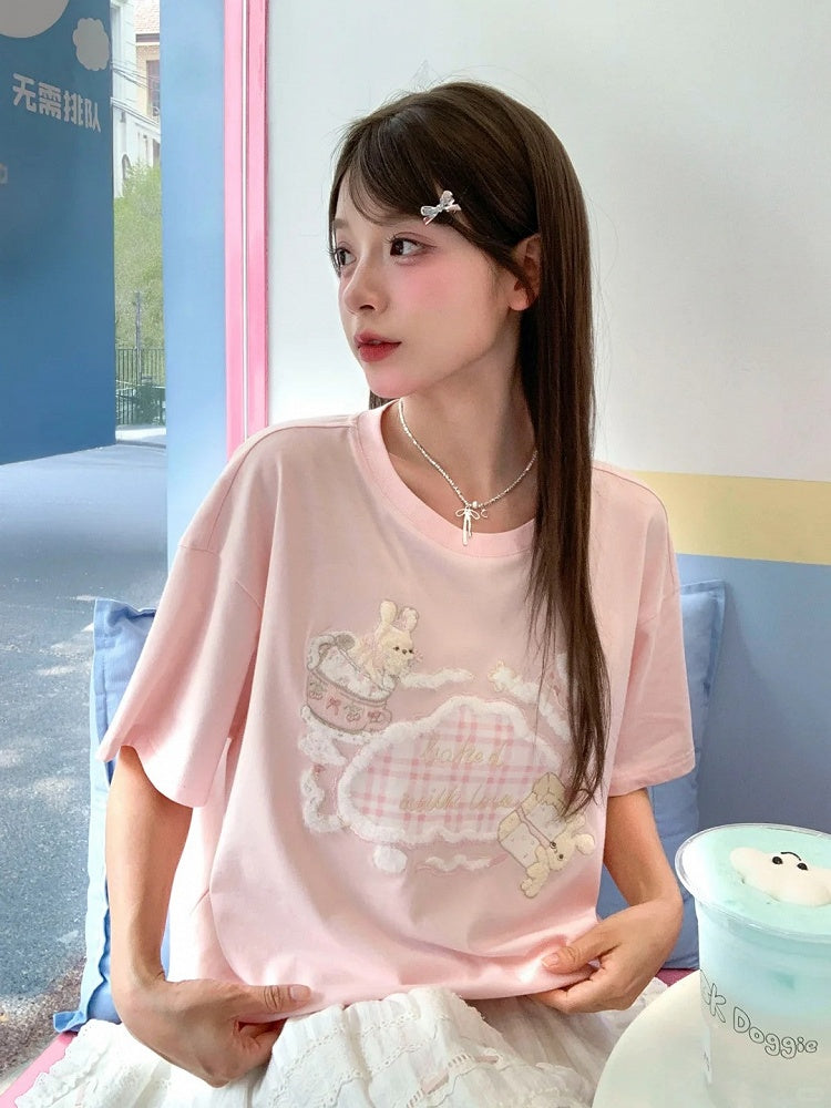Adorable Bunny Embroidery Pink Round Neck Loose T-shirt