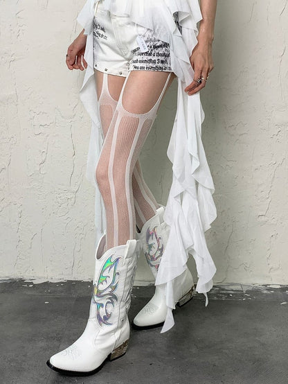 White/Black Y2K Striped Pattern Fishnet Suspender Tights