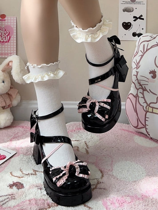 Black and Pink Bow at Top High Block Heel Mary Janes Buckle Ankle Strap