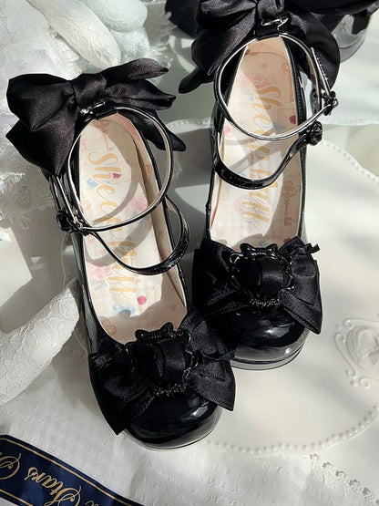 Polished Black Bow at Top Platform High Block Heels