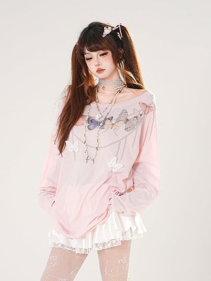 Butterfly-shaped Cutout Detail Back White/Pink Asymmetrical Neckline Top