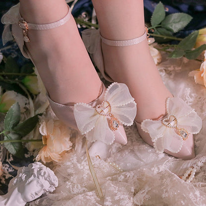 Light Pink Beaded Bowknot Accents Pointed Toe Hime Lolita Middle Heels