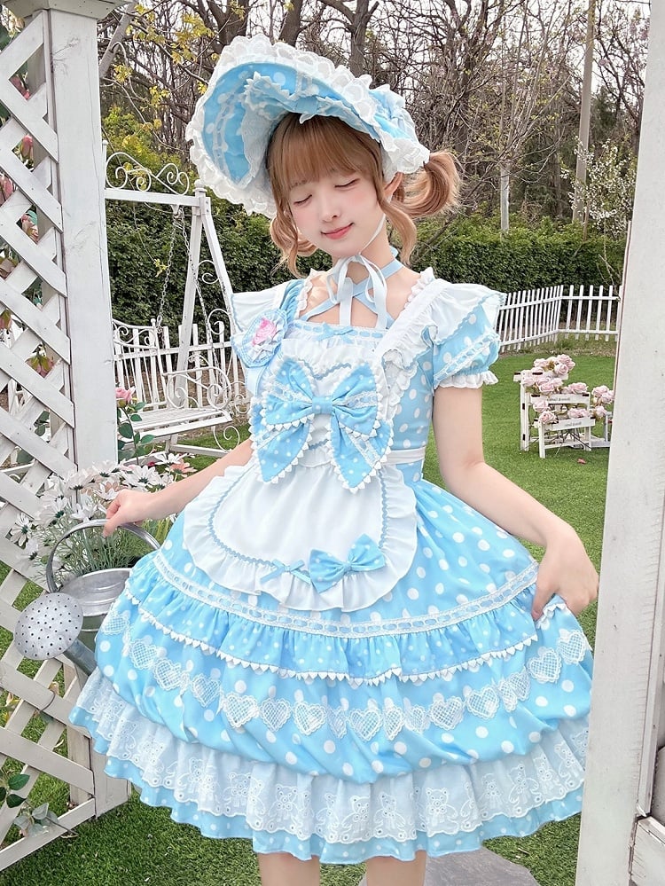 White Polka Dots Blue Square Neckline Lolita Short Sleeves Dress with Apron