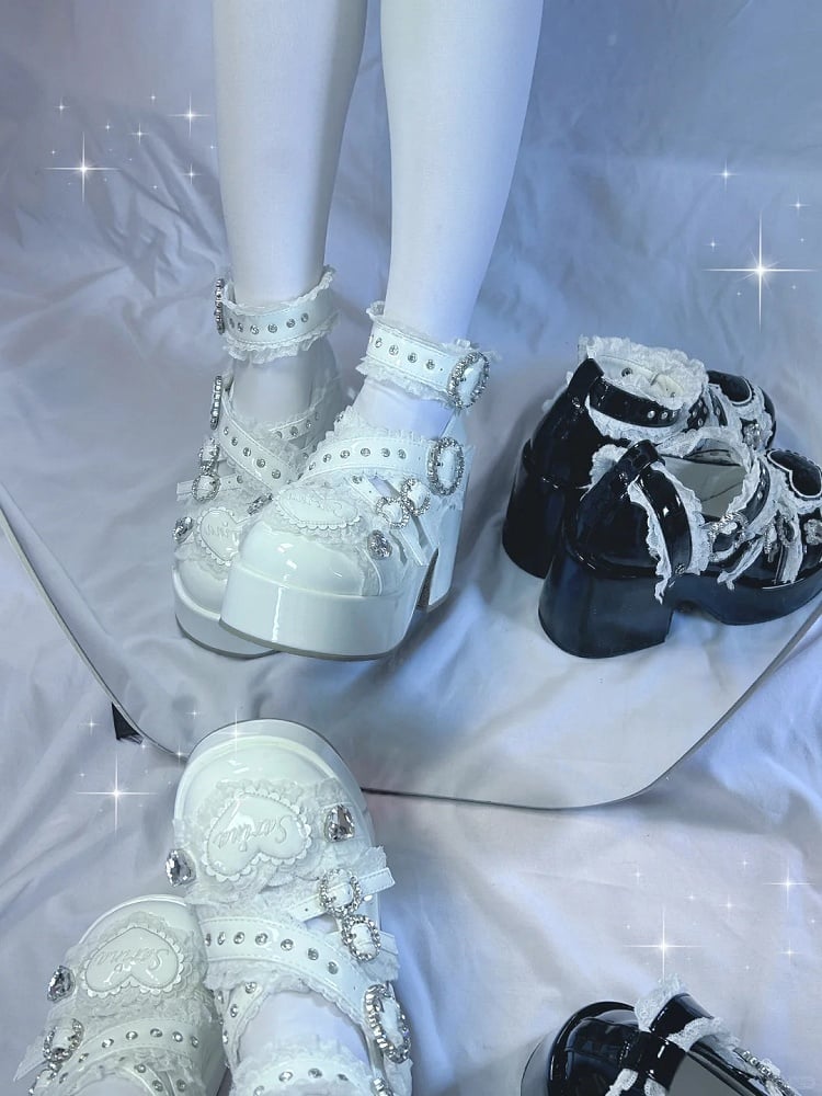 Jirai Kei White Platform Shoes: Round Toe with Lace-Trimmed Cross Strap and Chunky Block Heel