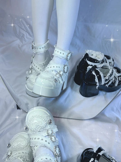 Jirai Kei White Platform Shoes: Round Toe with Lace-Trimmed Cross Strap and Chunky Block Heel