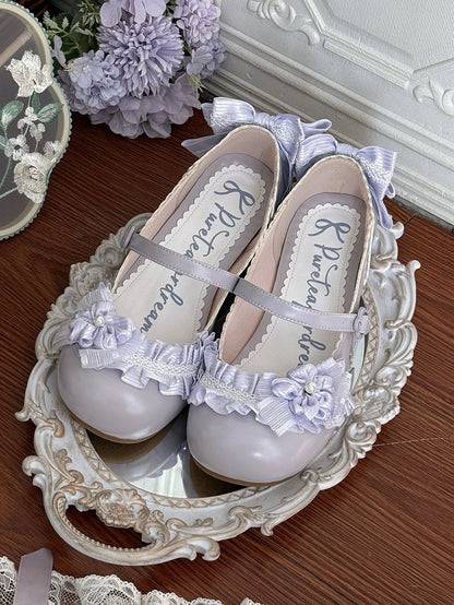 PU Purple Sweet Lolita Mary Janes - Sakura Accents with Floral Buckle & Ruffle Trim