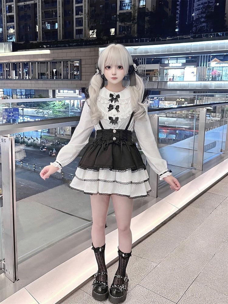 Jirai Kei Black and White Flutter Sleeves Lace-up Details Overalls Tiered Skirt