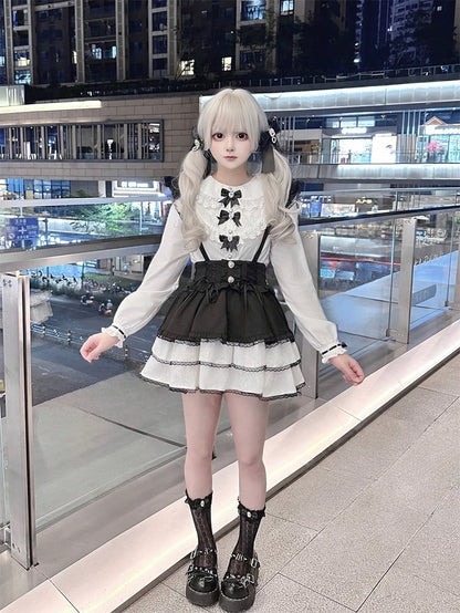 Jirai Kei Black Bowknots White Peter Pan Collar Lace Trim Blouse