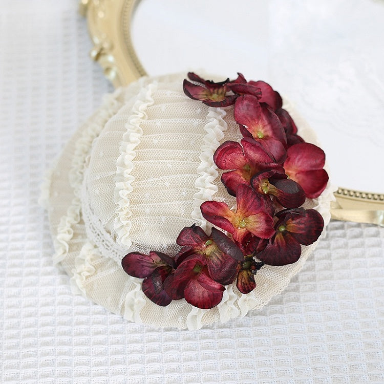 5 Colors Elegant Lace Flat Hat with Singed - edge Hydrangea Decorations