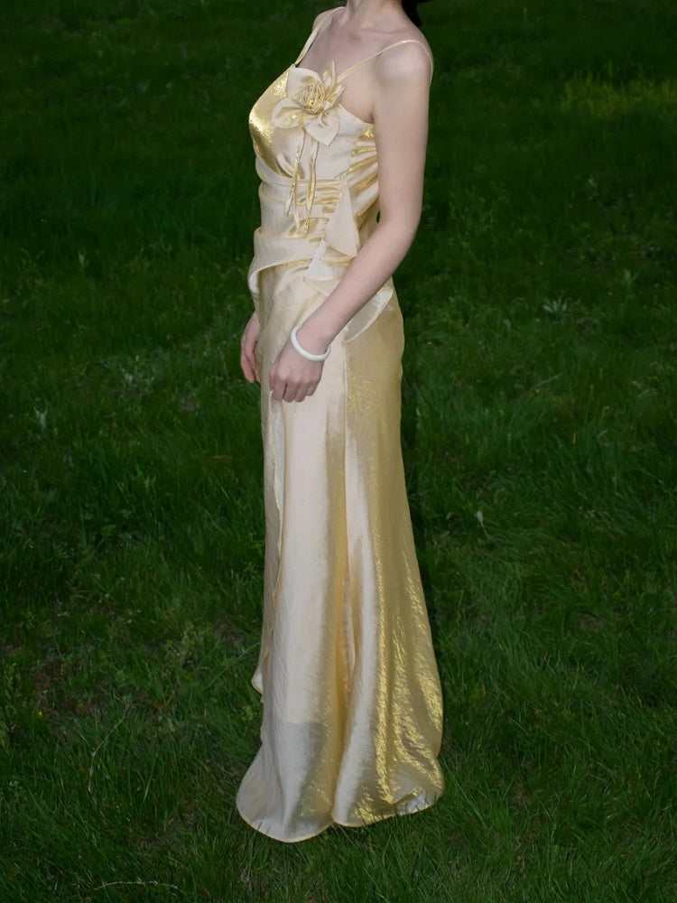 Light Gold Vintage Floral Embellished Sheath Gown Fairy Princess Dress