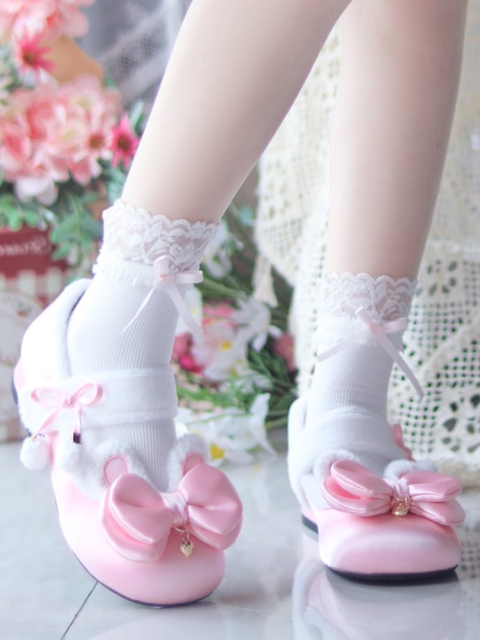 Pink Sweet Lolita Heart Charm Plush Bunny Ear Bow at Top Round Toe Shoes