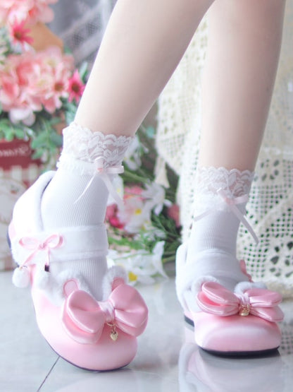 Pink Sweet Lolita Heart Charm Plush Bunny Ear Bow at Top Round Toe Shoes