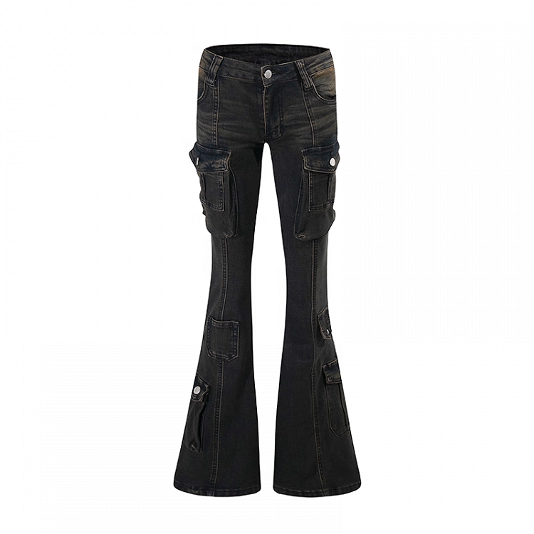 Black Low Rise Cargo Pockets Flared Jeans