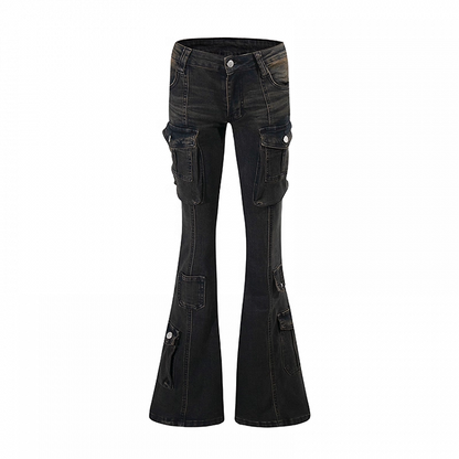 Black Low Rise Cargo Pockets Flared Jeans
