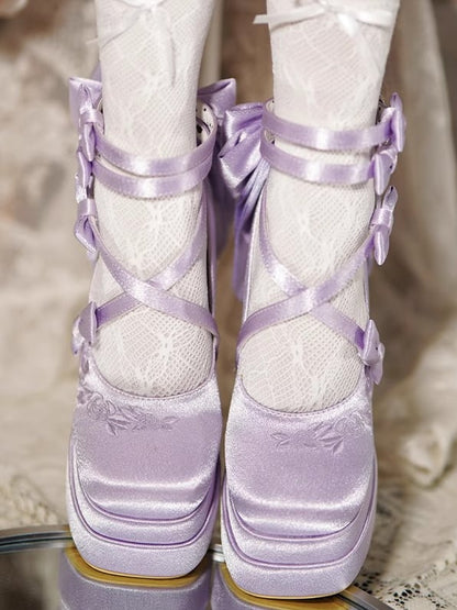 Purple Camellia Flower High Block Heel Elegant Platform High Heels