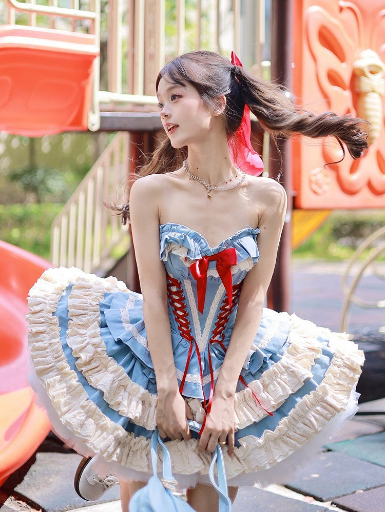 Blue Sweet Lolita Lace-up Boned Corset Top + Skirt + Bolero Full Set