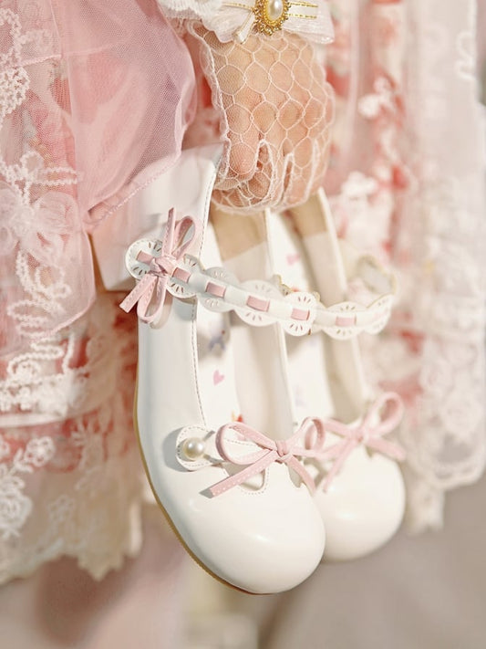 White Beaded Decorated Knotted Bow at Top Round Toe Lolita Shoes