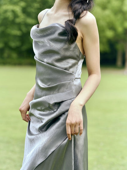 Gray Asymmetrical Flounce Hem Summer Cami Dress