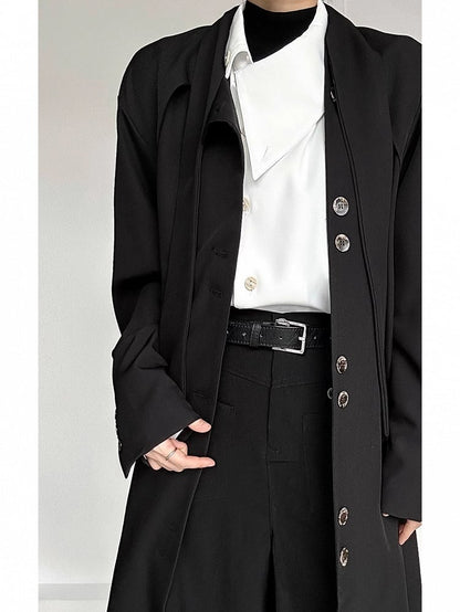 Ouji Lolita Black Vintage Long Trench Coat with Button Placket & Tie Neck