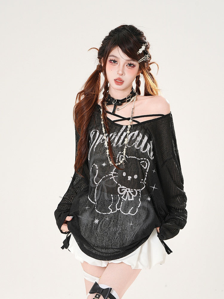 Black/White Asymmetrical Neckline Kitty Print Semi-sheer Coverup