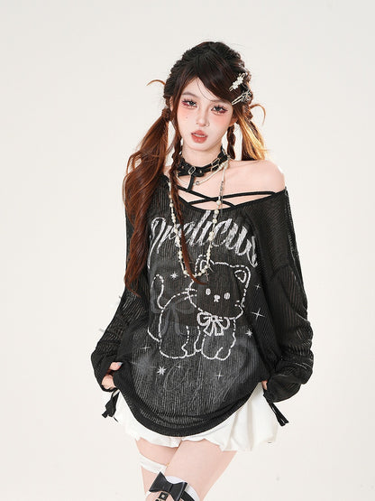 Black/White Asymmetrical Neckline Kitty Print Semi-sheer Coverup