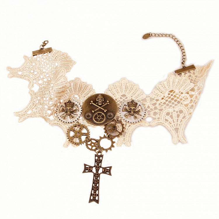 Steampunk Gears Cross Pendant Lace Choker