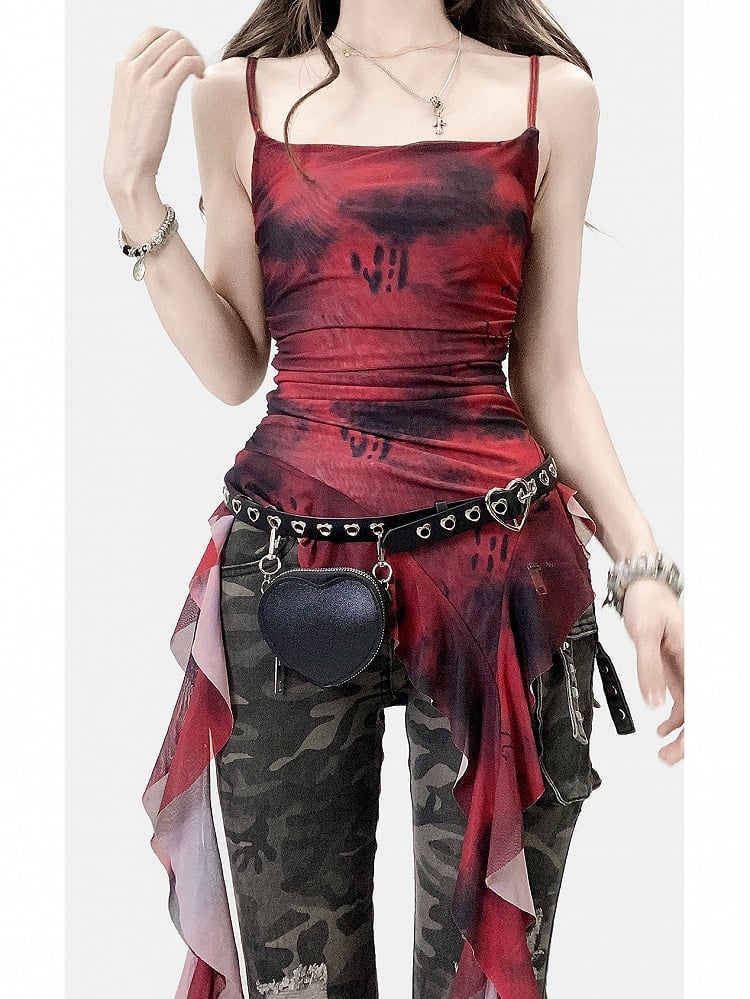 Wine Red Tie Dye Design Cascading Ruffle Accents Asymmetrical Hem Cami Top