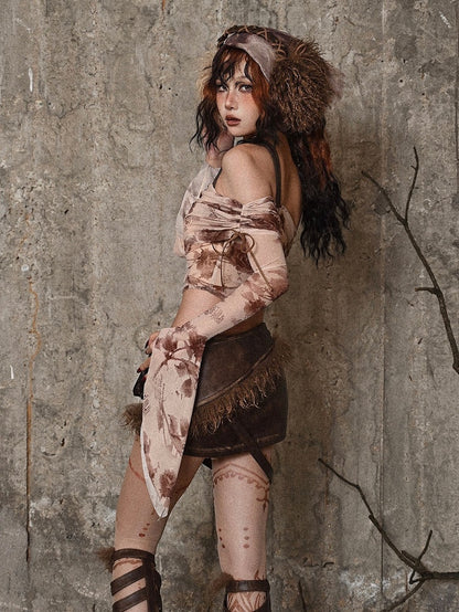 Floral Print Pink Off-the-shoulder Neckline Tulle Top