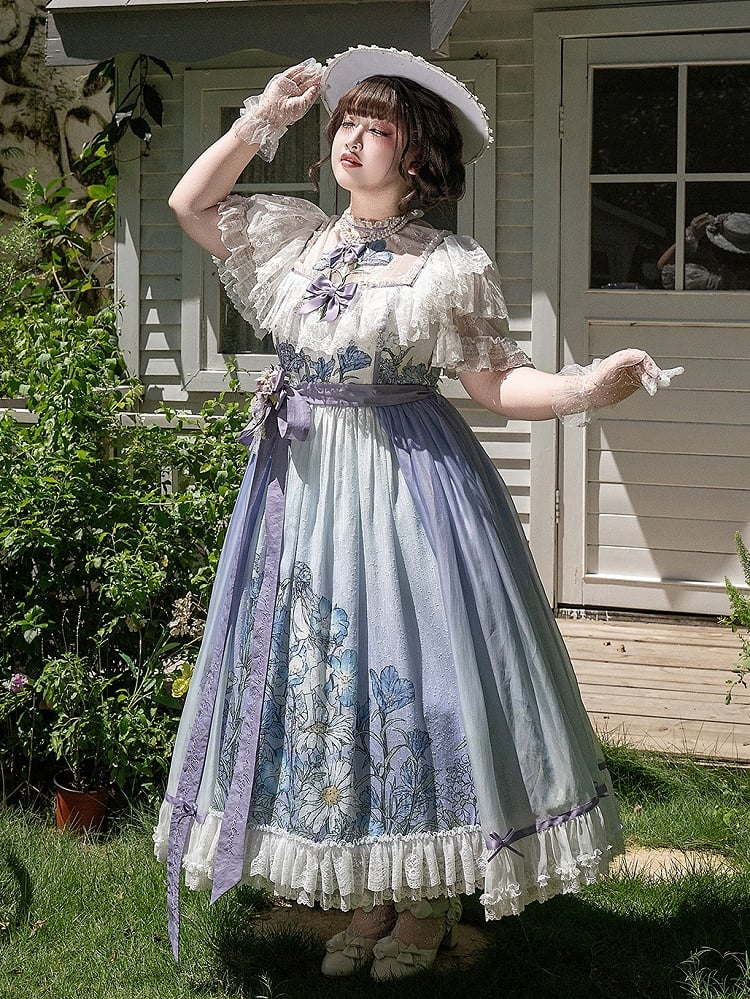 Plus Sizes Available Floral Applique Illusion Neckline Elegant Classic Lolita Floral Print Dress