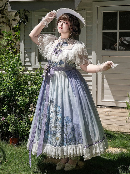 Plus Sizes Available Floral Applique Illusion Neckline Elegant Classic Lolita Floral Print Dress