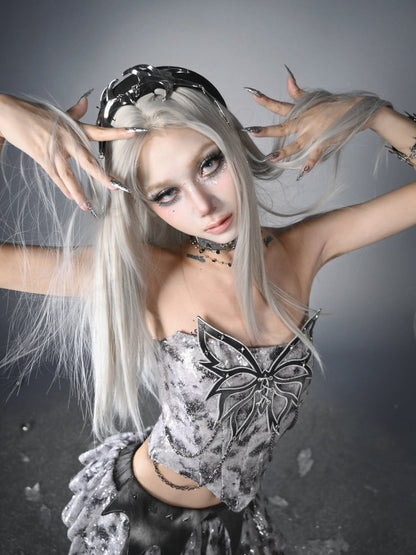 Y3K Fashion Futuristic Silver Grey Butterfly Chain Sequins Decorated Fishbone Strapless Cyberpunk Top