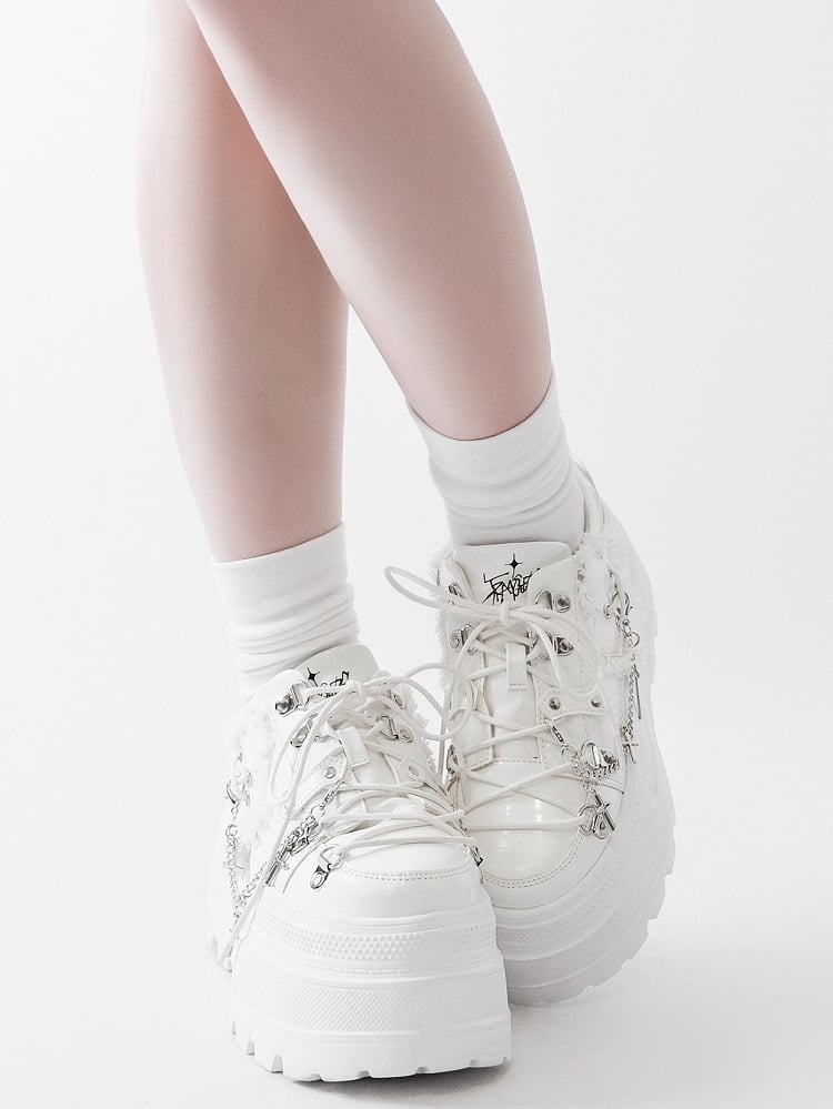 White Punk Front Lace-up Ties Design Platform Shoes With Detachable Cross Charm Chain