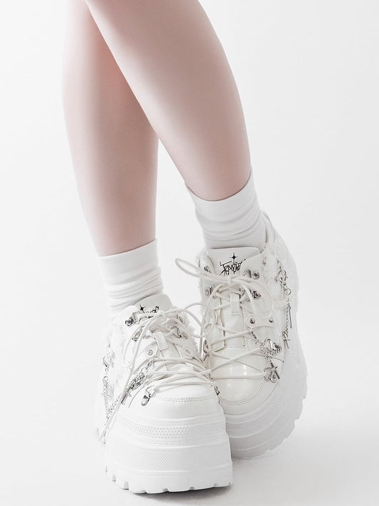 White Punk Front Lace-up Ties Design Platform Shoes With Detachable Cross Charm Chain