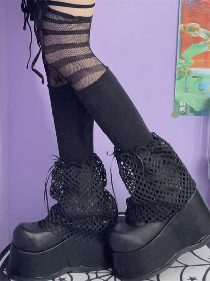 Black/White Y2K Hollow-out Design Bowknot Details Leg Warmers