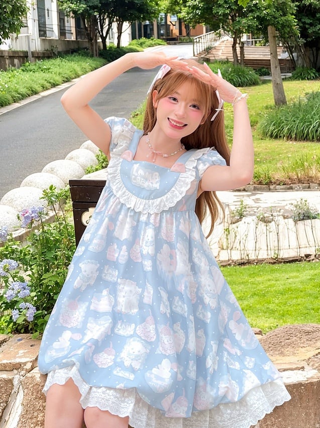 Blue Square Neck Puff Sleeve Adorable Lamb Print Sweet Lolita Dress