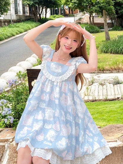 Blue Square Neck Puff Sleeve Adorable Lamb Print Sweet Lolita Dress